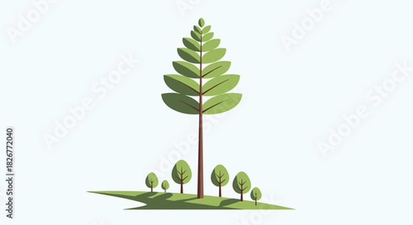 Fototapeta A minimalist flat design illustration of a tall central tree surrounded by smaller trees on a green sloping landscape under a light sky.
