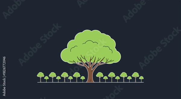 Fototapeta A prominent large green tree stands centrally, flanked by a row of smaller trees on a dark, minimalist background.