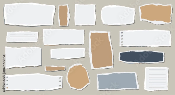 Fototapeta Various torn paper pieces in different shapes and colors, including white, brown, blue, and gray, arranged on a light background.
