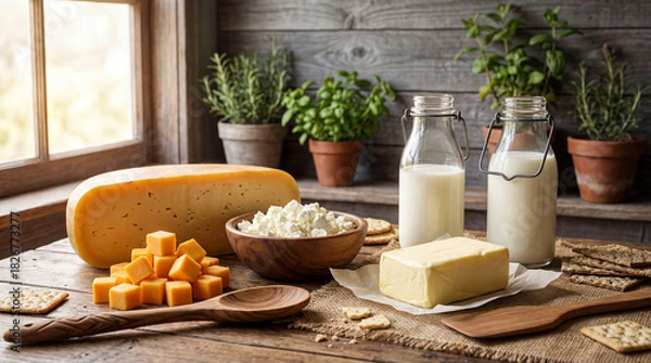 Fototapeta A rustic wooden table displaying a variety of fresh dairy products in soft natural light
