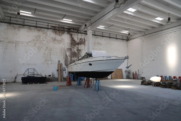 Fototapeta The interior of a large, with high ceilings and white metal beams. In the center, a medium-sized motorboat rests on metal trestles that lift it off the ground for maintenance or storage.