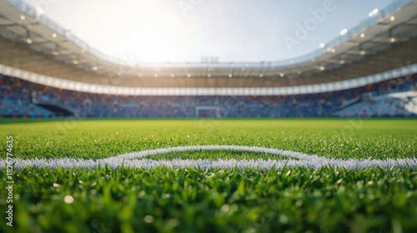 Fototapeta Soccer stadium field with bright sunlight