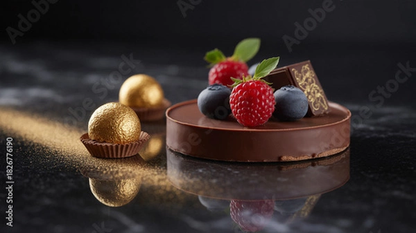 Fototapeta Chocolate dessert with raspberry and blueberry on dark background