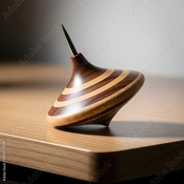 Obraz Handcrafted Striped Wooden Spinning Top on Wood Table