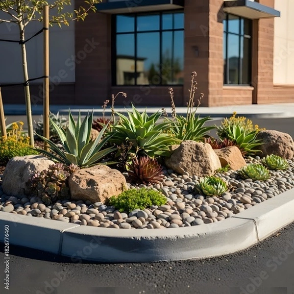 Obraz Drought-tolerant Garden Landscaping with Succulents, Agaves, and Decorative Rocks by a Modern Building