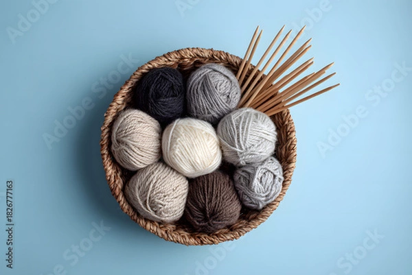 Obraz Balls of light neutral colored wool in a basket on a blue background, top view