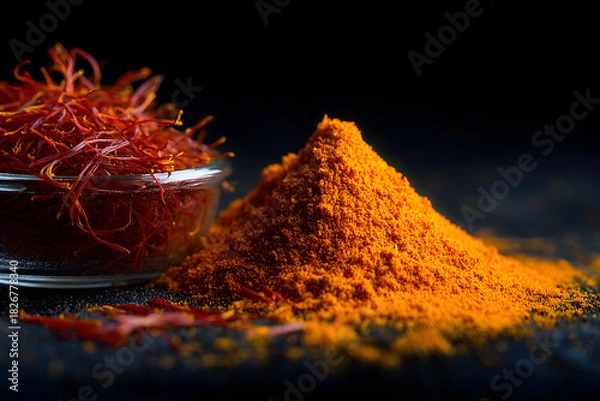 Obraz Close-up of saffron threads and powder on black background
