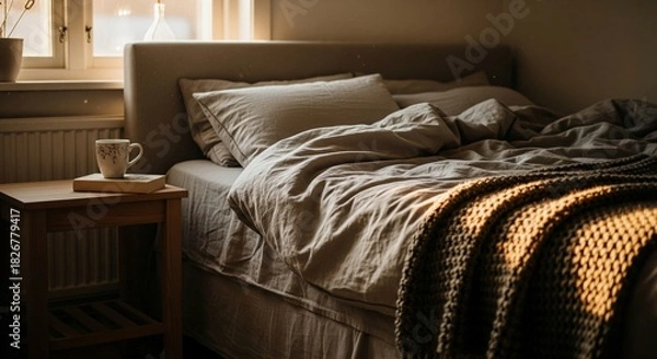 Fototapeta A cozy Scandinavian bedroom corner is bathed in warm, soft golden hour light, creating an inviting atmosphere. The focus is on a linen-upholstered bed featuring rumpled, neutral-toned bedding and a