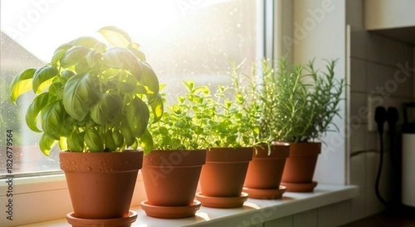 Fototapeta A close-up shot of a bright kitchen window sill adorned with a row of small, uniform terracotta pots. These pots hold fresh herbs, including vibrant basil, lush mint, and aromatic rosemary, all