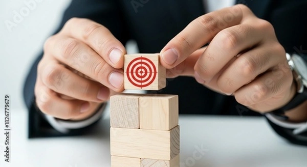 Fototapeta A close-up shot shows a businessman's hands carefully placing a wooden block with a red and white bullseye target symbol onto a stack of plain wooden blocks. The focus is sharp on the target block,