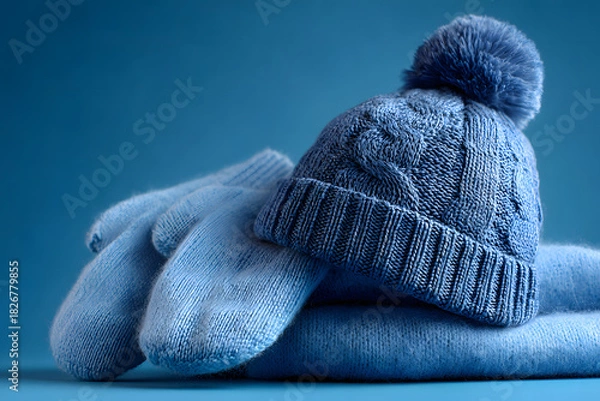 Obraz Blue hat, scarf and mittens on a blue background