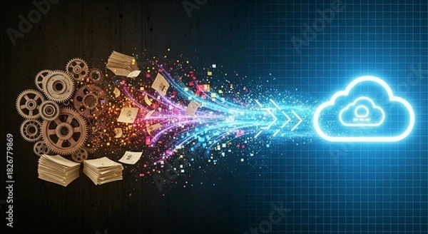 Fototapeta A vibrant digital illustration depicting the concept of digital transformation. On the left, rusty mechanical gears and stacks of paper documents represent an analog, industrial past. These elements
