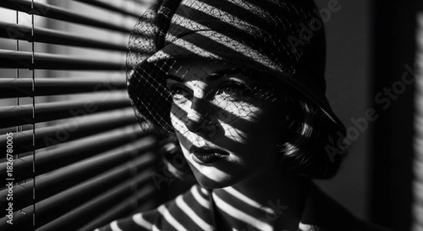 Fototapeta A striking film noir style black and white portrait featuring a mysterious woman in a vintage 1940s cloche hat with a short net veil. Dramatic shadows from Venetian blinds stripe across her face,