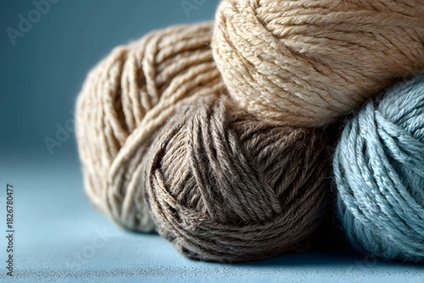 Obraz Skeins of neutral light-colored yarn on a blue background, close-up