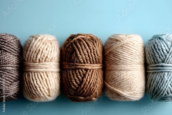 Obraz Skeins of neutral light-colored wool in a row on a blue background