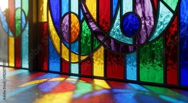 Fototapeta A close-up view of a modern abstract stained glass window, featuring a vibrant array of geometric and organic shapes in rich, jewel-toned colors like red, blue, green, yellow, purple, and orange.