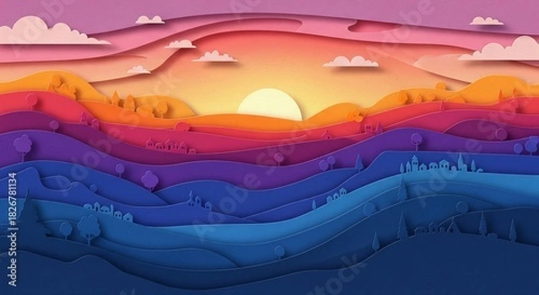Fototapeta An intricate digital illustration showcasing a multi-layered paper-cut landscape at sunset. Rolling hills transition in color from deep blues and purples in the foreground to warm oranges and pinks