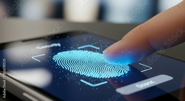 Fototapeta A photorealistic macro shot captures a finger pressing onto a smartphone screen, where a glowing blue digital fingerprint pulsates with data points, symbolizing biometric security and digital identity