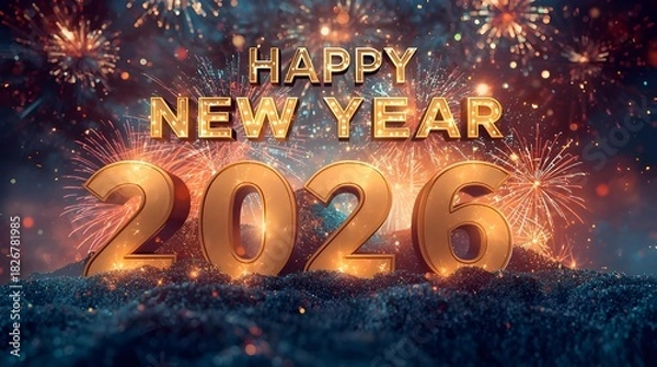 Obraz Happy New Year 2026 Fireworks With Golden Sparkling Text