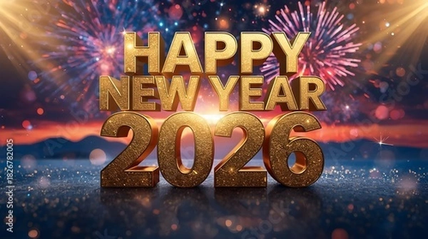 Obraz Happy New Year 2026 Fireworks With Golden Sparkling Text Celebration