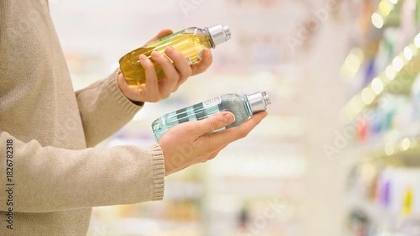 Obraz Woman reading the label of a cosmetic product in a store aisle, focusing on ingredients, with shelves and bottles in the background.