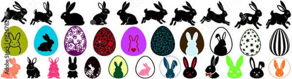 Fototapeta Collection of various easter bunny silhouettes in different colors and styles arranged in rows on white