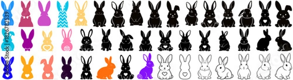 Fototapeta A colorful array of easter bunny silhouettes and decorated easter eggs arranged in neat rows and columns