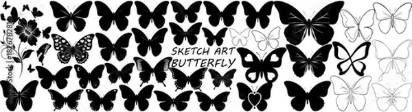 Fototapeta A collection of butterfly illustrations in black and white with varying styles and designs shown