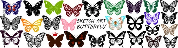 Fototapeta Collection of black and white butterfly illustrations in various styles and designs on a white background