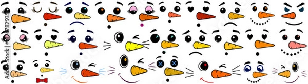 Fototapeta Illustration of many cartoon snowman faces with different accessories and facial expressions in a pattern