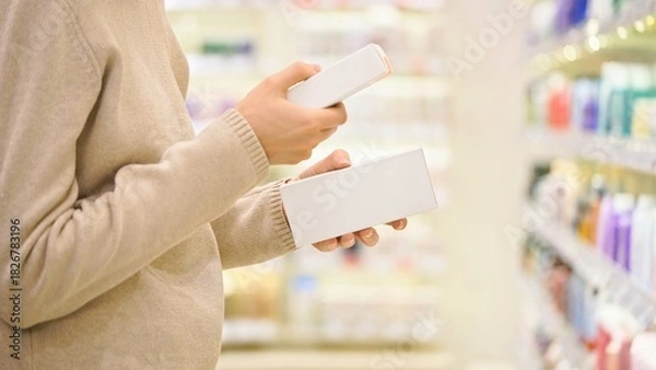 Obraz Woman reading and examines ingredient labels while comparing and choosing between cosmetic products, cream and serum, in a beauty store aisle, focusing on making an informed decision.
