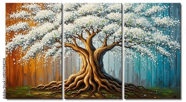 Fototapeta Vibrant triptych painting of a majestic tree with blooming white flowers