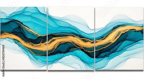 Fototapeta Abstract teal and gold fluid art waves on white background triptych