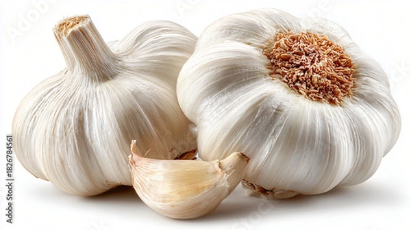 Fototapeta Fresh garlic bulb with cloves, Whole garlic split open
