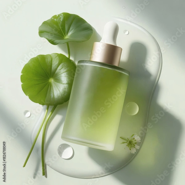 Fototapeta Frosted light-green serum bottle with gold collar and white dropper on milky platform, accented with green leaves, water droplets, and small white flower in soft green light.