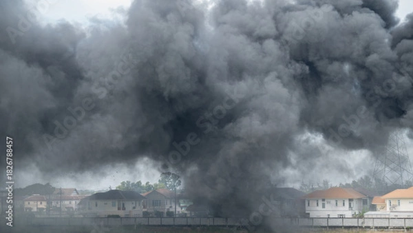 Obraz Dramatic scene of thick black smoke billowing over a residential neighborhood