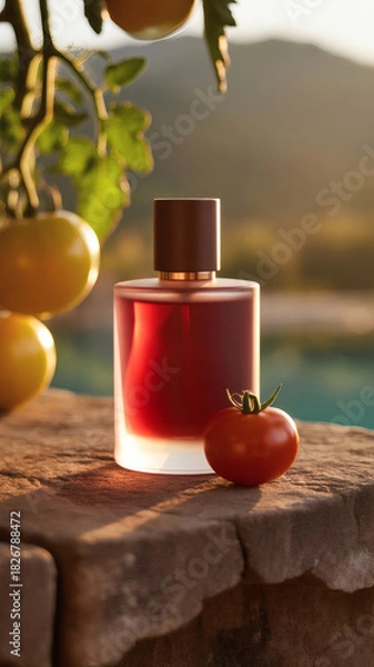 Fototapeta Perfume bottle positioned next to a bright red tomato, creating an artistic still life with contrasting elegance and vibrant natural color.