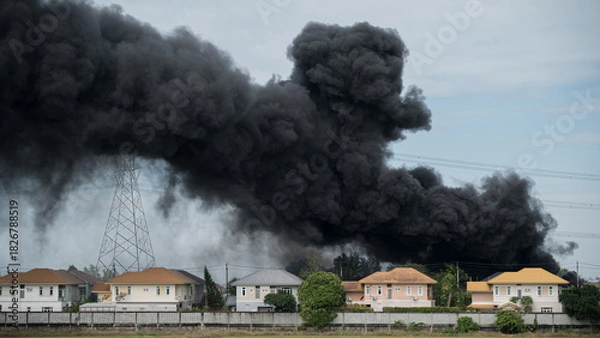 Obraz Dramatic black smoke billowing over suburban houses and power lines against a cloudy sky