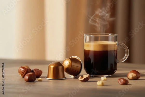 Obraz Cup of steaming coffee in a mug, paired with nuts, highlighting rich black color and inviting, cozy presentation in a warm, appetizing setup.