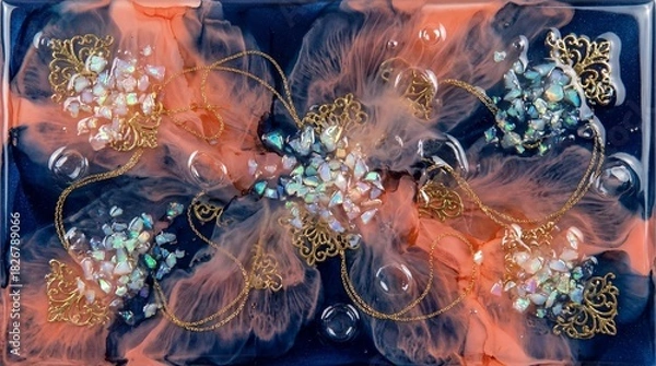 Obraz Luxurious Abstract Resin Art Photo showcasing a Dynamic Blend of Peachy Tones and Deep Azure, Embellished with Glimmering Opal Shards and Delicate Golden Chains.
