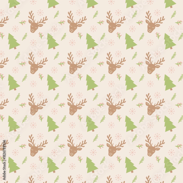 Obraz Christmas pattern with reindeer and fir trees, festive winter background, Scandinavian holiday design