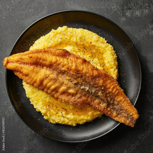 Fototapeta A perfectly panfried, crispy catfish fillet served atop a bed of creamy, bright yellow grits on a dark plate