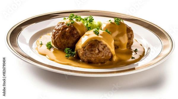 Fototapeta Three perfectly cooked, savory meatballs smothered in rich, creamy brown gravy and garnished with fresh green parsley, isolated on white background