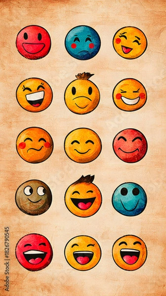 Fototapeta adorable emoji seamless wallpaper design Colorful array of illustrated emoticons on paper. kawaii smiley face digital background pastel cute emoji pattern for phone wallpaper