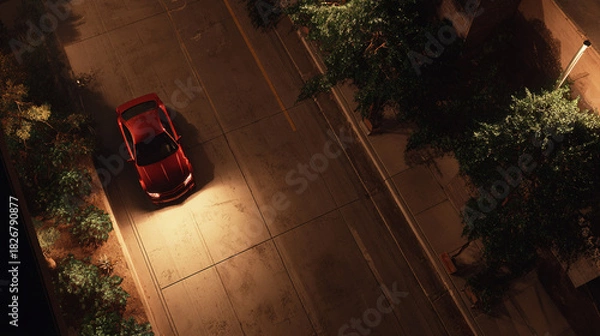 Fototapeta Overhead view of a single red car driving down a dark, narrow street at night illuminated by its own headlights