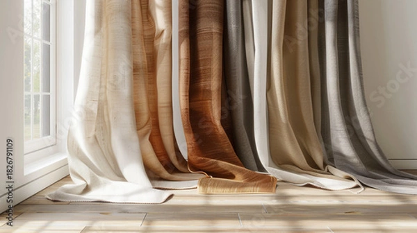 Fototapeta A collection of luxurious, textured drapery panels in warm earth tones, showcasing rich fabric samples near a sunlit window
