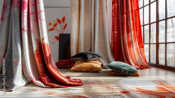 Fototapeta Vibrant interior scene featuring richly textured curtains in shades of red, orange, and cream draped near a large window with decorative floor cushions