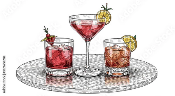 Fototapeta Assorted cocktails served on a circular tray with garnishes  