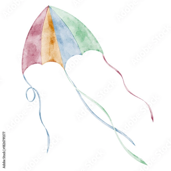 Obraz Kite watercolor illustration with long ribbons in the wind. Drawing of soft sky Toy for Baby shower greeting cards or childish invitations. Art for nursery posters or kids decor on isolated background