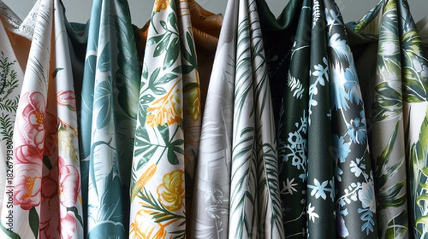 Fototapeta A closeup view of several luxurious fabric samples hanging vertically, showcasing diverse floral and botanical print patterns in various colors